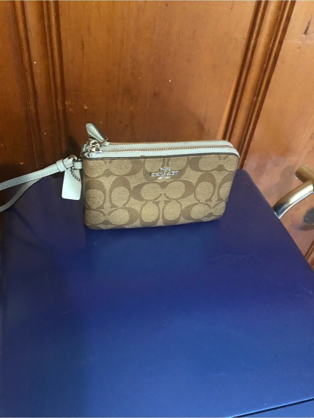 Coach Tan Signature Double Zip Wristlet with Chalk Trim